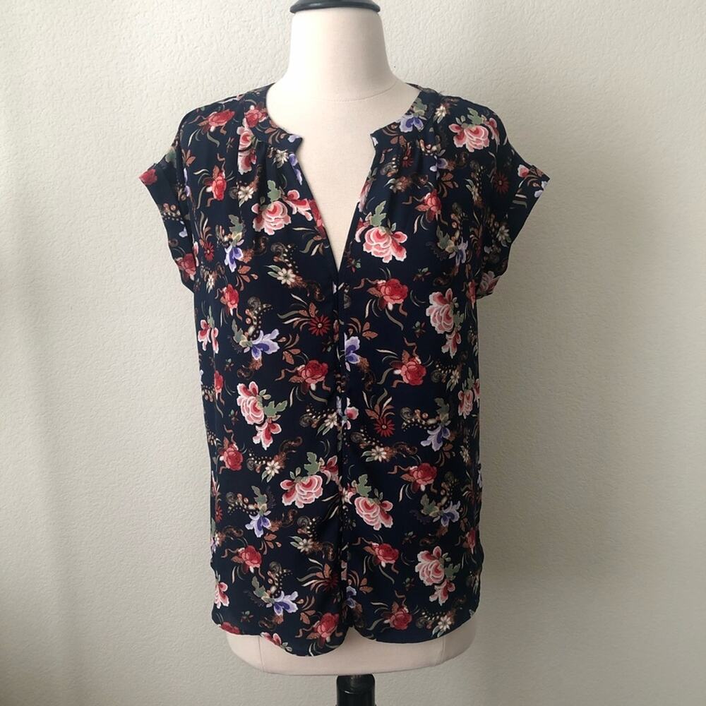 Philosophy navy blue floral print v-split neck short sleeve blouse top